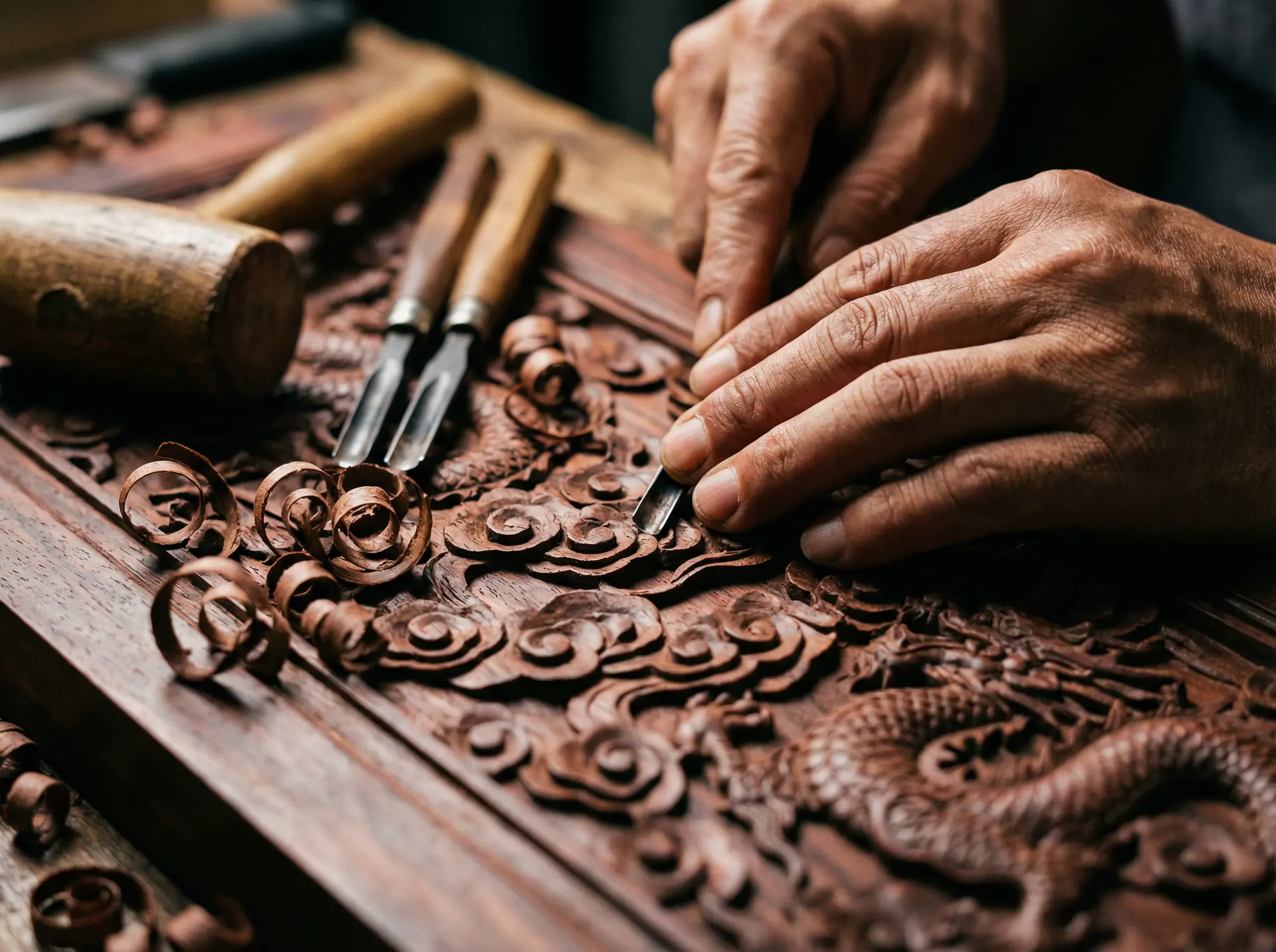 尊龙凯时 匠心工艺 - 紫檀木雕龙纹浮雕细节